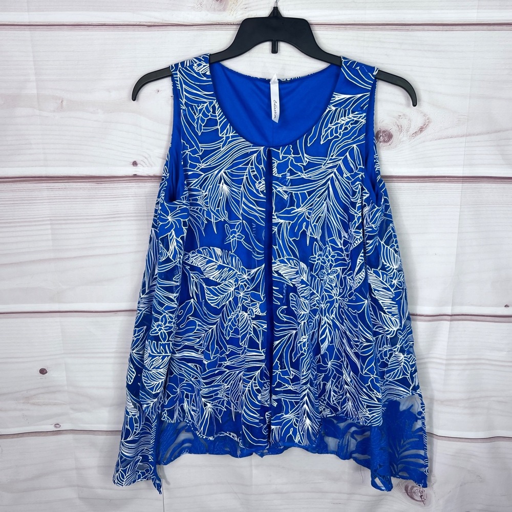 NY Collection Top Womens XL Blue Floral Tank A-Line Layered Tunic Sleeveless